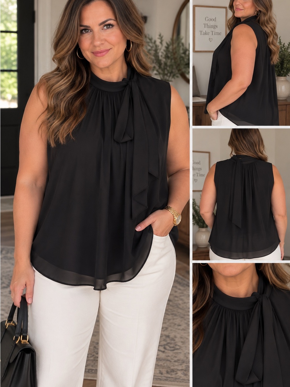 New York & Company Sleeveless Black Tie-Neck Blouse